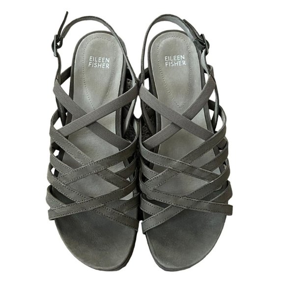 Eileen Fisher Womens Gray Leather Platform Wedge‎ Strappy Sandals Size 10 - Picture 1 of 10